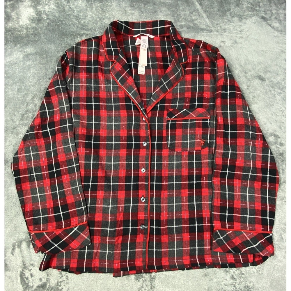 Victoria Secret Pajama Sleep Shirt Medium Women Button Metallic Thread Plaid NEW
